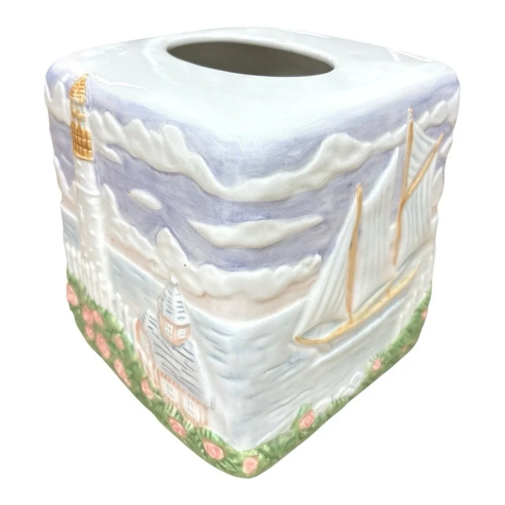 Vintage 1980s Handpainted Ceramic Tissue Box Cover Lighthouse Nautical Cottage